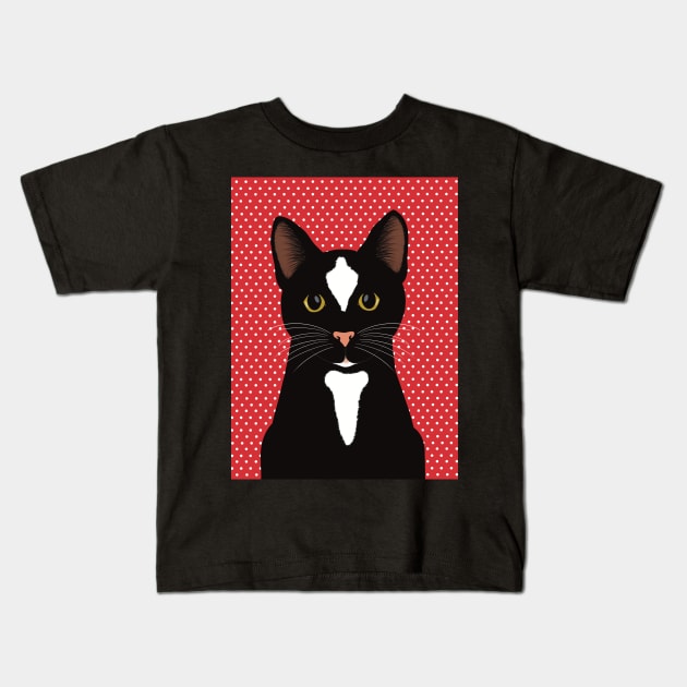 The cute and alert black and  white cat is waiting and watching you , red and white dotted background Kids T-Shirt by marina63